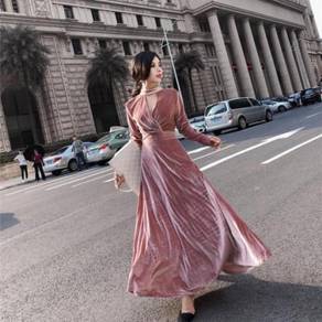 Pink black blue velvet long sleeve prom dress RBBD