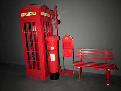 Red London Telephone Booth, Post Box, Bench & Sign