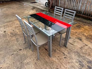 [Set] Glass Dining Table Meja Makan + 4 Chairs Ker
