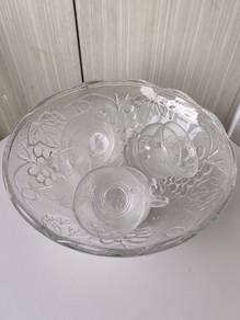 Vintage Embossed Glass Punch Bowl Set with 6 Cups
