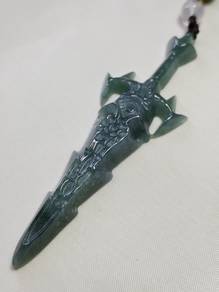 Ice Bluish Green 100% Jadeite Jade Sword Pendant