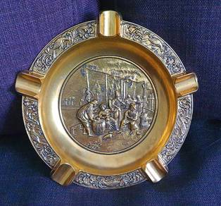 Antique Solid Brass Ornate Ash Tray Plaque People