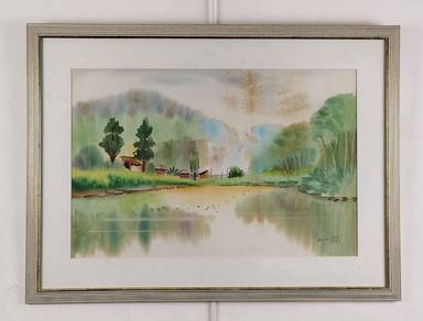 Tranquil Waterside Watercolor Landscape (Signed)