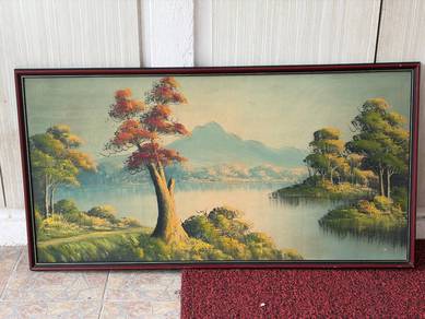 Vintage Framed Mountain & Lake Landscape Oil Paint