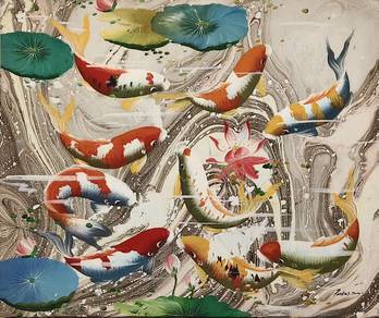 Nine Koi Oil Painting – Signed by Parkeds Tan