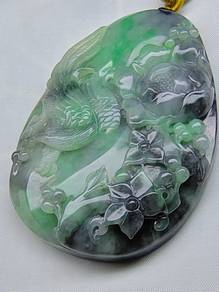 Liontin Giok Jadeite Jed Bunga & Burung Burma Asli