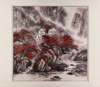 Chinese Ink Painting - Crimson Falls Sanctuary II