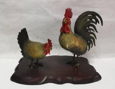 Copper Zodiac Figurine Rooster Set of 2 Chickens C