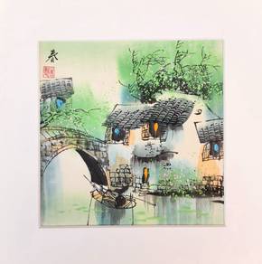 ClearanceRM48 Watercolor Village Bridge & Boats II