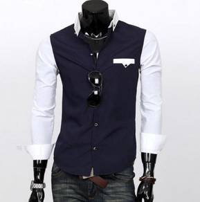 B0532 TWO TONE COOL BUTTON BLUE LONG SLEEVE SHiRT