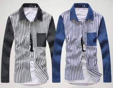 S0524 Vertical Striped Blue Grey Long Sleeve Shirt