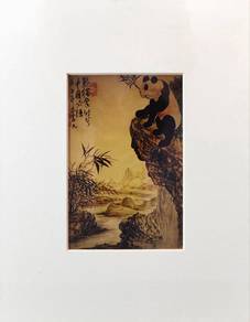Chinese Ink Painting- Panda on Cliff with Bamboo