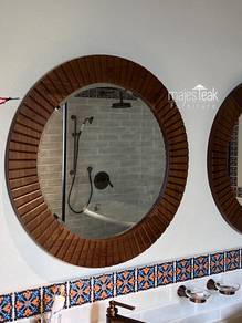 Teak Round Wall Mirror -Stripes Design.