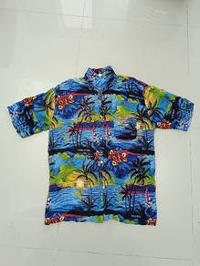 T-Shirt Collar Rayon Beach Club Blue Palm Trees
