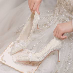 8cm White Lace Bridal Shoes (Worn Once, Like New)