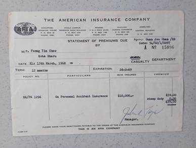 1968 Personal Accident Policy & Receipt
