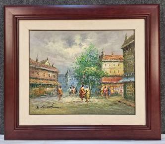 Framed Oil Painting of a Street Scene with People
