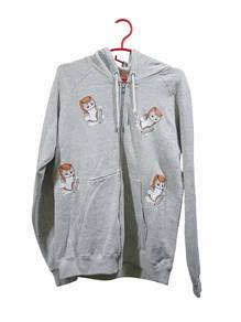 Grey Cat Print Zip-Up hoodie