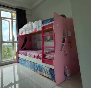 Kids Pink Bunk Bed Set with Built-In Storage