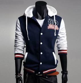 BLUE HOT R HOODED VARSiTY SWEATER BASEBALL JACKET