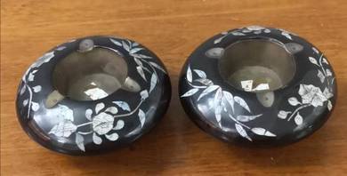 Vintage handmade brass lacquered wood ashtray