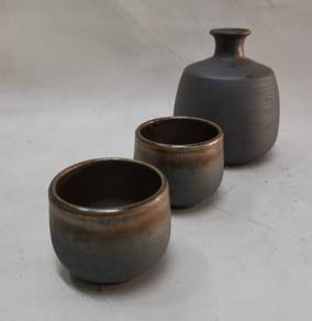 Japanese Sushi Sake Cups Black Clay &Blue Yellow