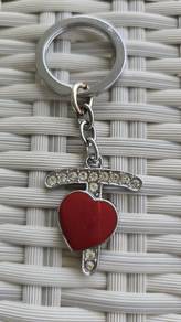 Crystal Red Heart Alphabet Letter T Metal Keychain
