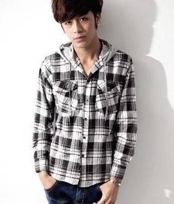 S0599 Kemeja Hoodie Black Hooded Long Sleeve Shirt