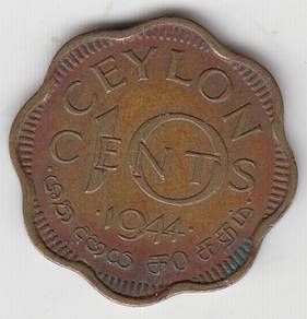 Ceylon 10 cents 1944 KGVI nickel brass coin