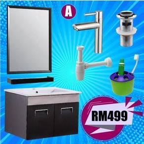 Basin Kabinet Full Pakej Mirror Pancur Glass Shelf