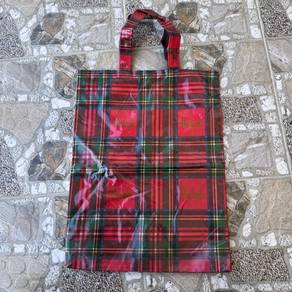red and green plaid Harrods tote bag
