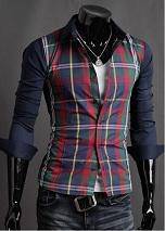 P0572A Mens Color Contrast Plaid Long Sleeve Shirt