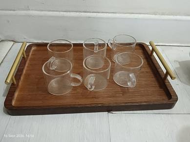 clear glass cups with wooden tray 