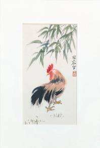 Watercolor Rooster & Bamboo – Framed with Seal