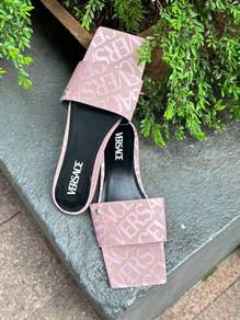 Versace Allover Flat Sandals Pink Jacquard