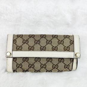 Gucci GG Canvas Beige White Leather Long Wallet