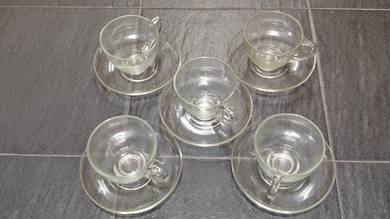 Vintage Clear Glass Cup and Saucer Set (5 Pairs)