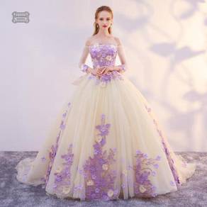 Cream purple long sleeve wedding gown RB1072