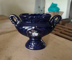 Vintage Small Blue Ceramic Vase with Handles and F