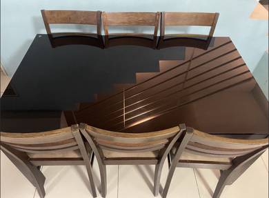 Glass Top Dining Table with 6 Wooden Chairs