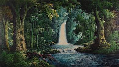 Forest Waterfall IV – Oil Painting (Signed Dahlan)