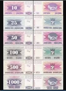 Bosnia Set of 6 - 10 till 1000 Dinara 1992