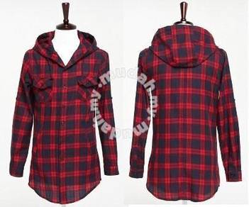 F5100 Red Blue Plaid Hoodie Men Long Sleeved Shirt