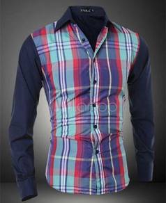 F0572 Blue Green Plaid Casual Long Sleeve Shirts