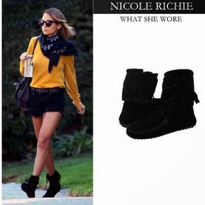 Minnetonka Fringe Black Suede Ankle Boot