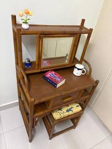Vintage Bamboo Vanity Table with Mirror and Stool