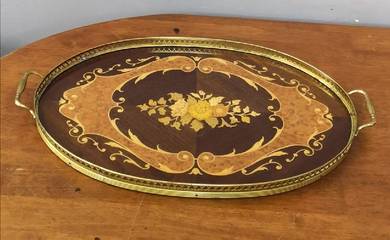 3501 vintage Italian wooden tray brass handles