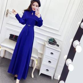 Blue black long sleeve cape office OL formal dress