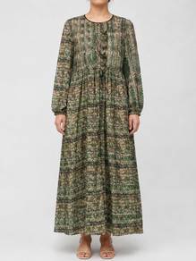 Green Leaf Print Modest Maxi Dress