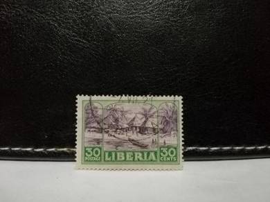 1920 Liberia Stamp Village Scenery Boats